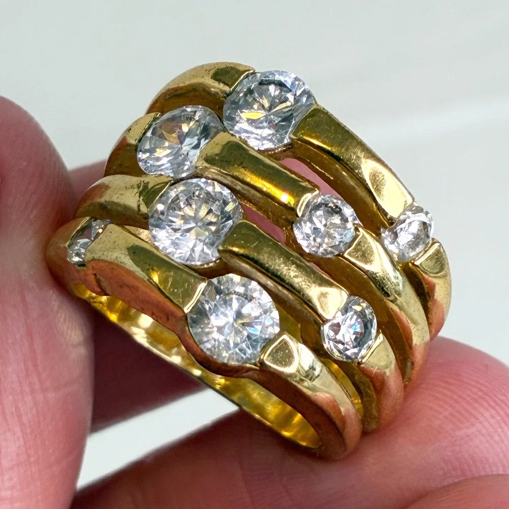 Vintage Ring Gold Tone Chunky Clear Stone Statement Multi Row Tiered Size 6.5